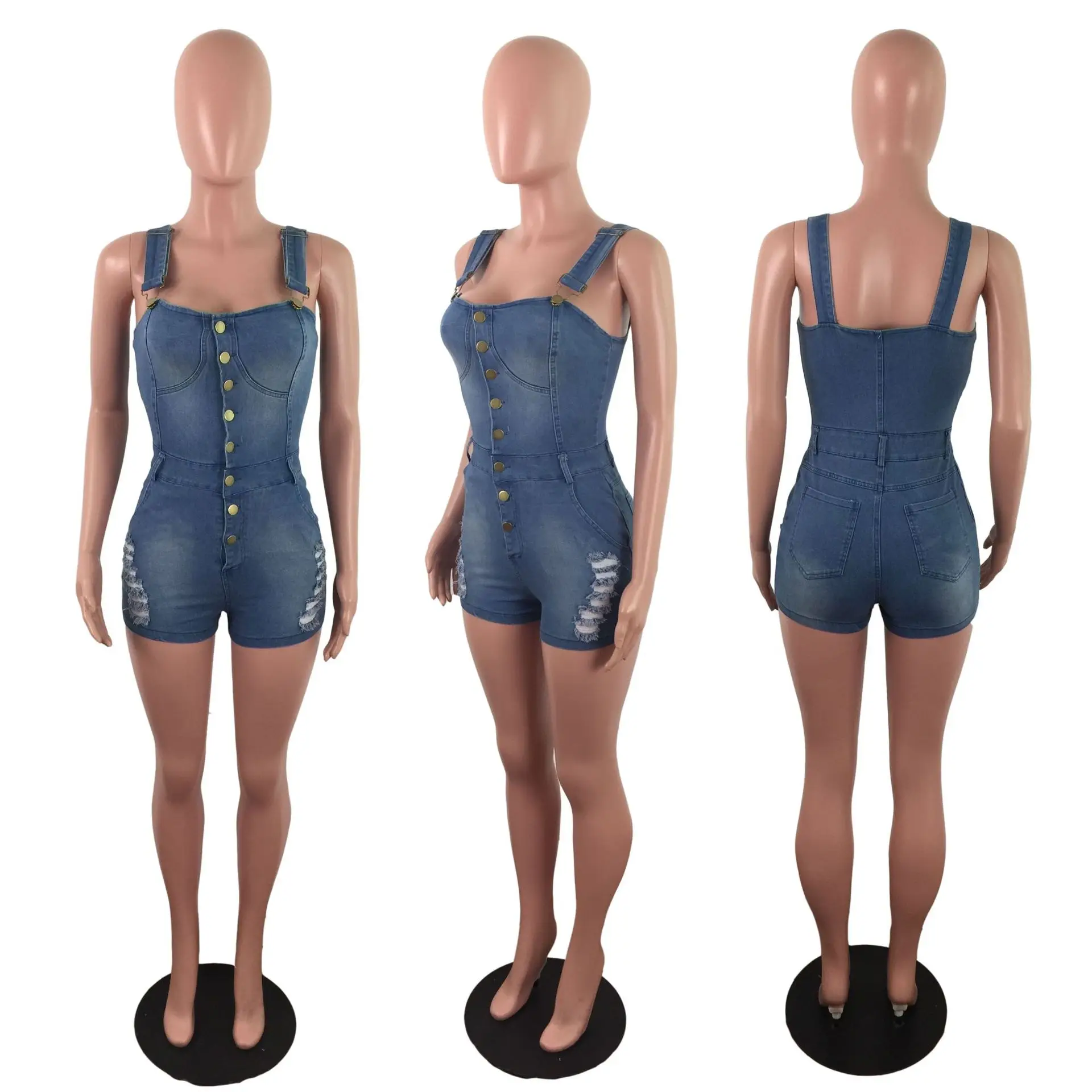 Women Jumpsuit Summer Fashion Thin Strap Buttoned Distressed Casual Sleeveless Pocket Design Streetwear Denim Romper Y2K - Image 4