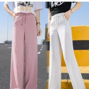Casual Ankle-Length Wide Leg Pants - Loose Ice Silk Female Trousers- Elastic Waist