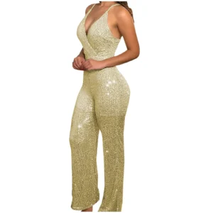 Fashion Women One-Piece Jumpsuits Sleeveless Sequins Glitter Spaghetti Strap Playsuits Club Party Wear Deep V-Neck Jumpsuit