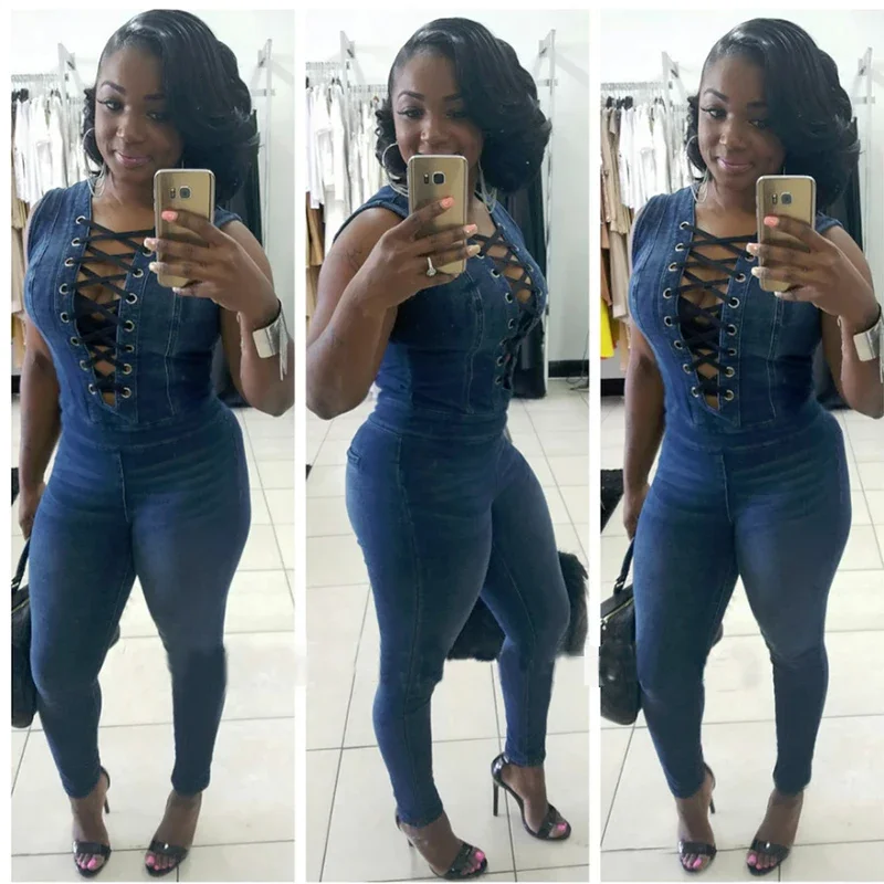 Women Denim Jumpsuits Sleeveless Lace Up Eyelet Long Pants Jeans Rompers - Image 4