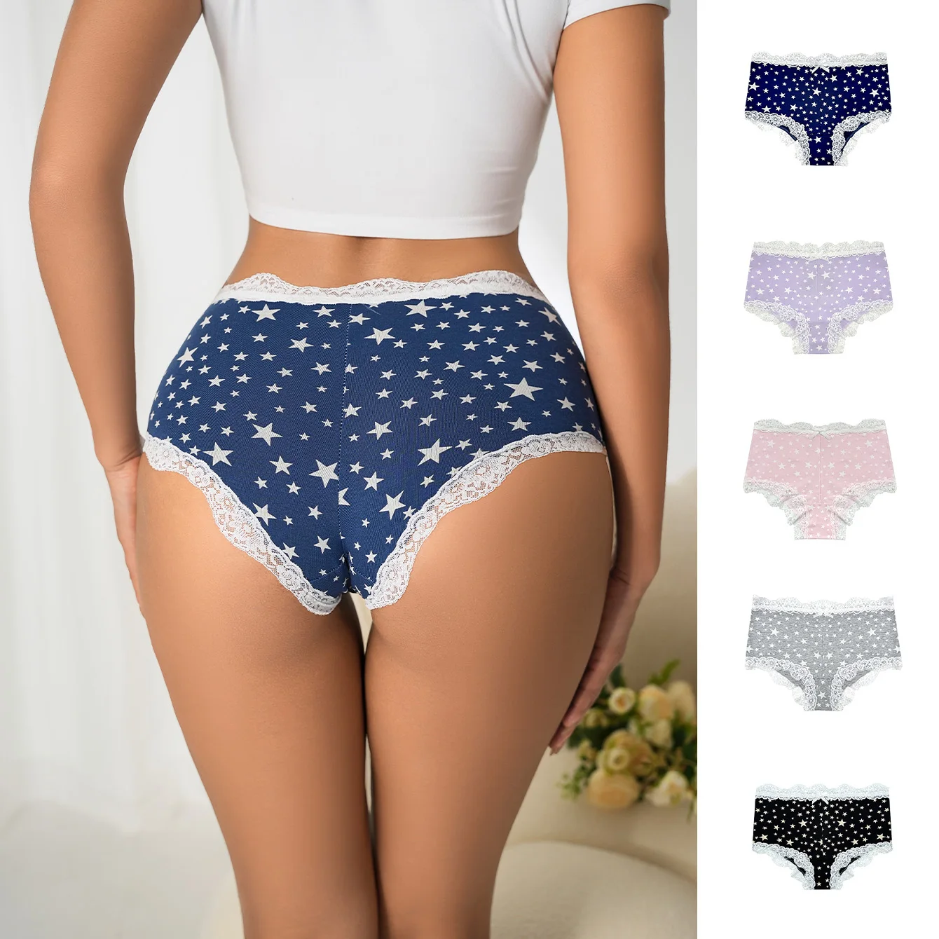 High-quality, comfortable women's briefs with star-patterned white lace stitching - 5 pairs - Image 2