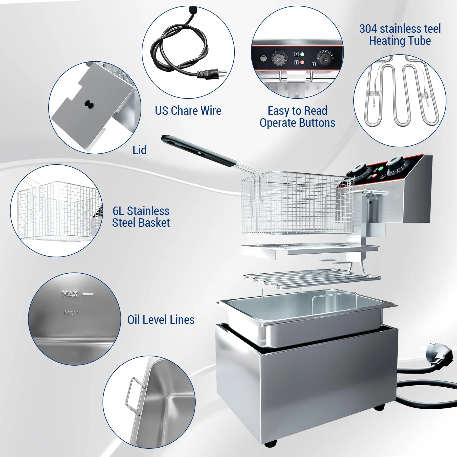 6L / 8L Commercial Deep Fryer,Stainless Steel Countertop Electric Deep Fryer with Basket, Easy to Clean - Image 5