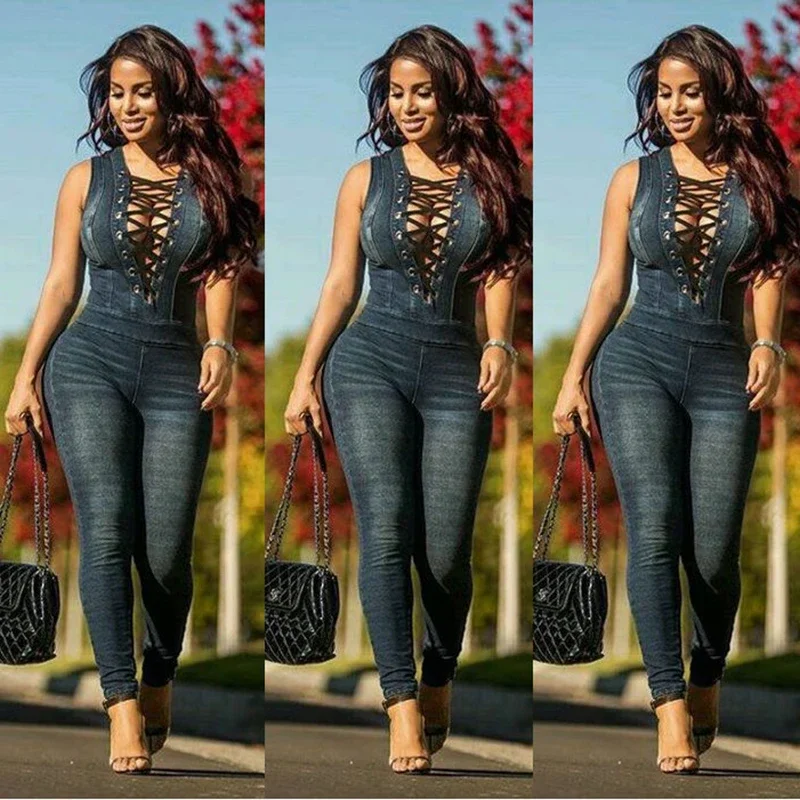 Women Denim Jumpsuits Sleeveless Lace Up Eyelet Long Pants Jeans Rompers - Image 2