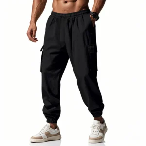 Men's Cotton and Linen Multi Pocket Ankle Pants, Loose Drawstring