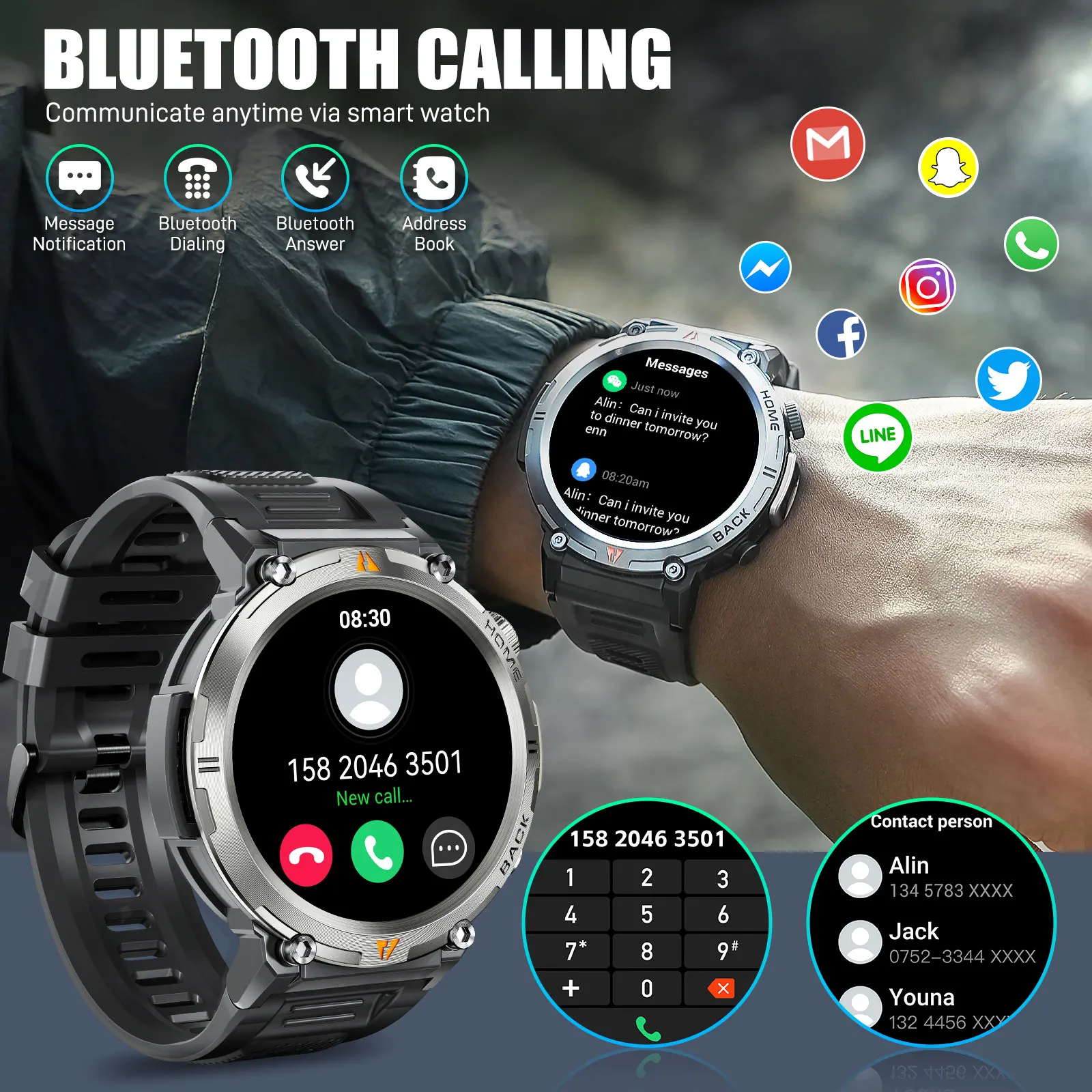 SmartWatch LaNikar KE3 Black Bluetooth Call Full Touch Screen Health Monitor With Flashlight ios Android - Image 2