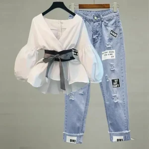 Women Elegant V-Neck Stripe Lantern Sleeve Bow Belt Trend Slim Chiffon Shirt Top And Korean Ripped Jeans Office Lady Casual Suit