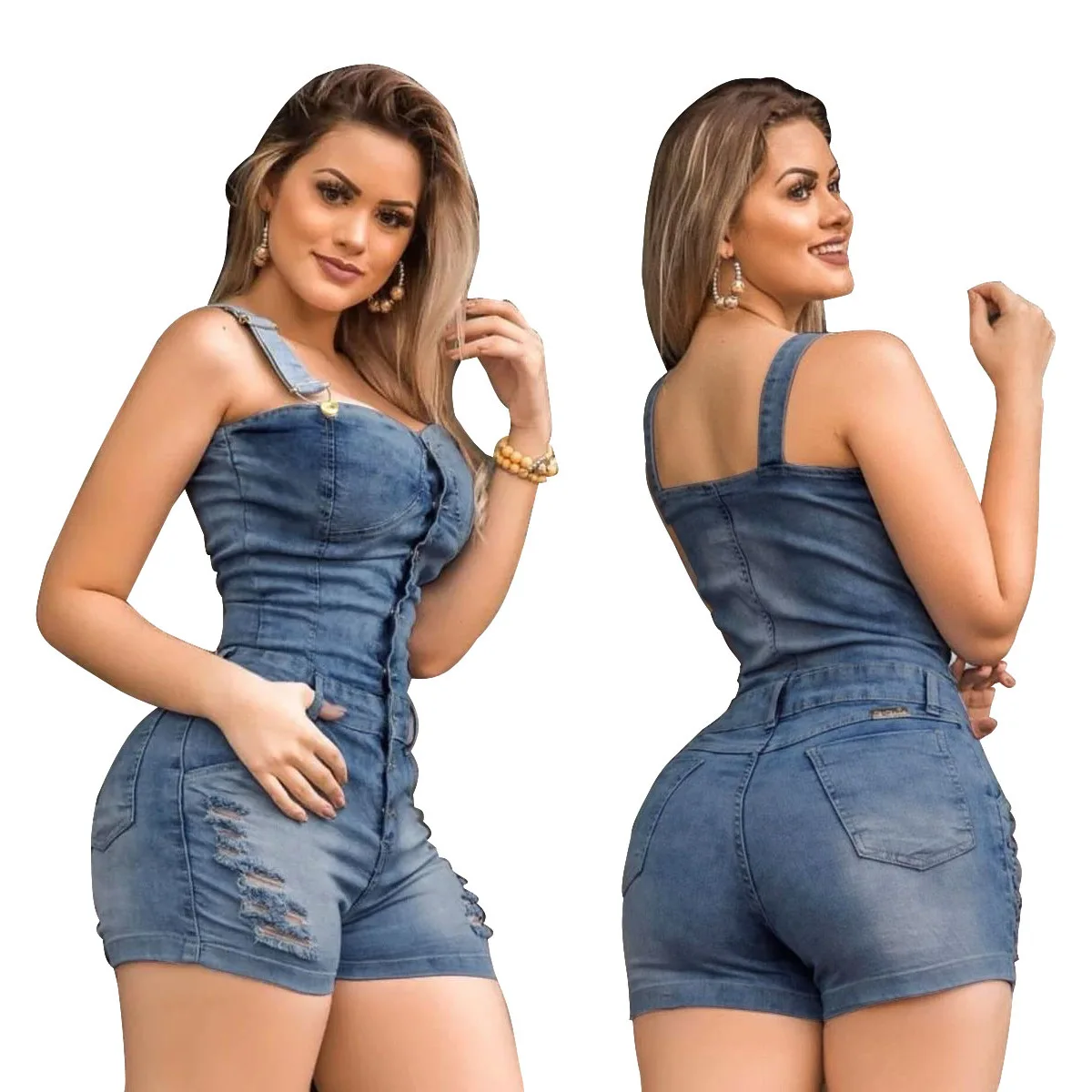 Women Jumpsuit Summer Fashion Thin Strap Buttoned Distressed Casual Sleeveless Pocket Design Streetwear Denim Romper Y2K - Image 3