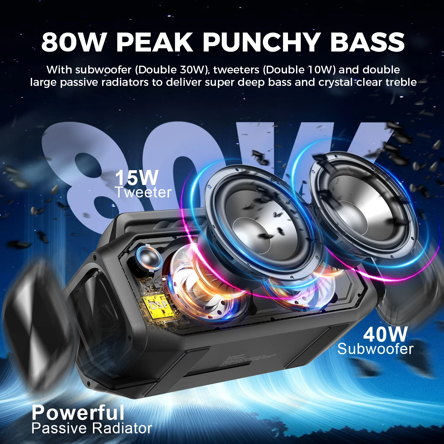 W-KING BT261-2 Bluetooth Wireless, 80W Portable Outdoor Speakers Loud with Bass Boost, Stereo Pairing, Reverse Charging, IPX6 W - Image 2