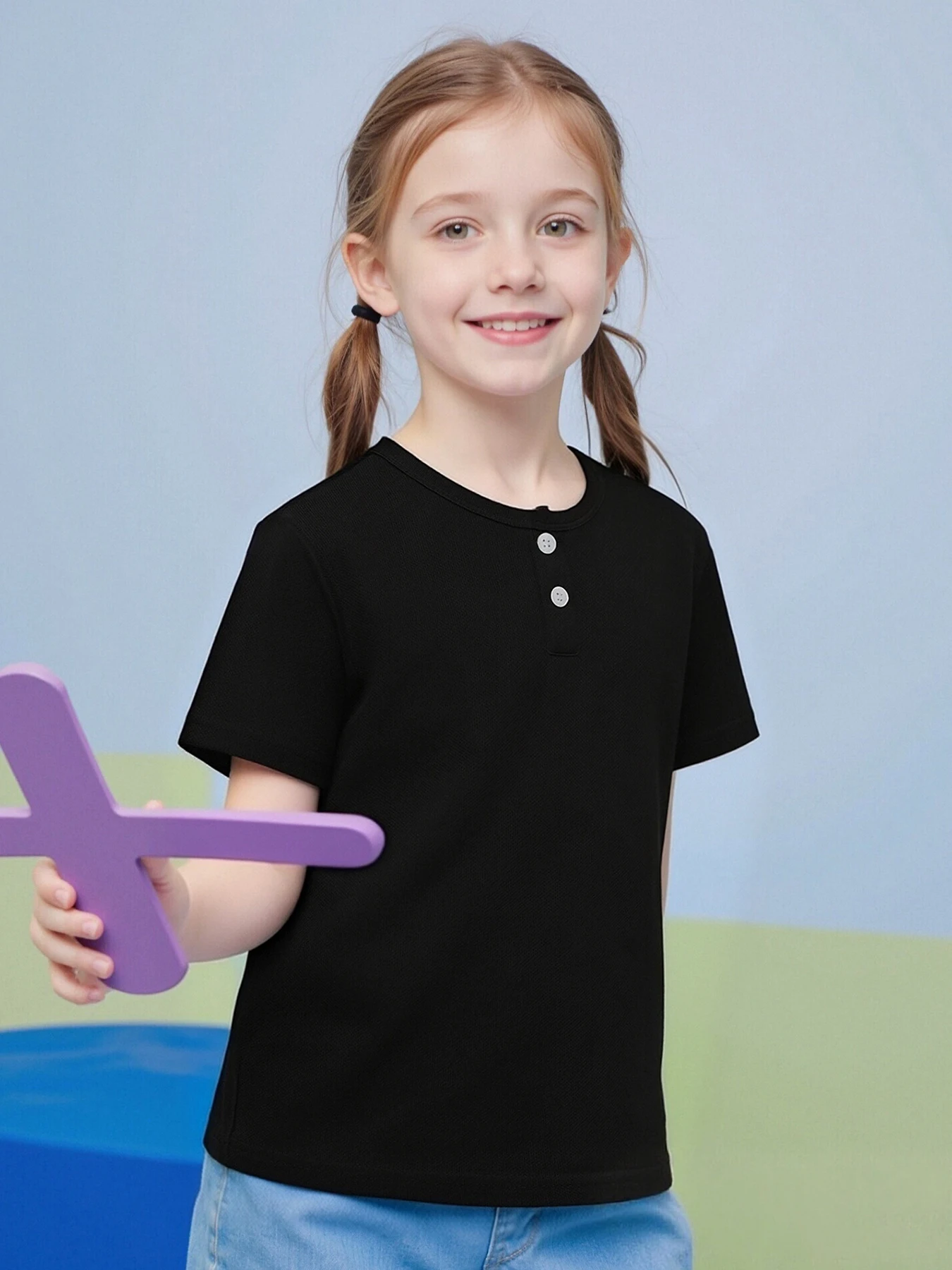 Short sleeved button fashion Henry shirt boys and girls casual T- Age Range: 12+shirt versatile top - Unisex - Image 3