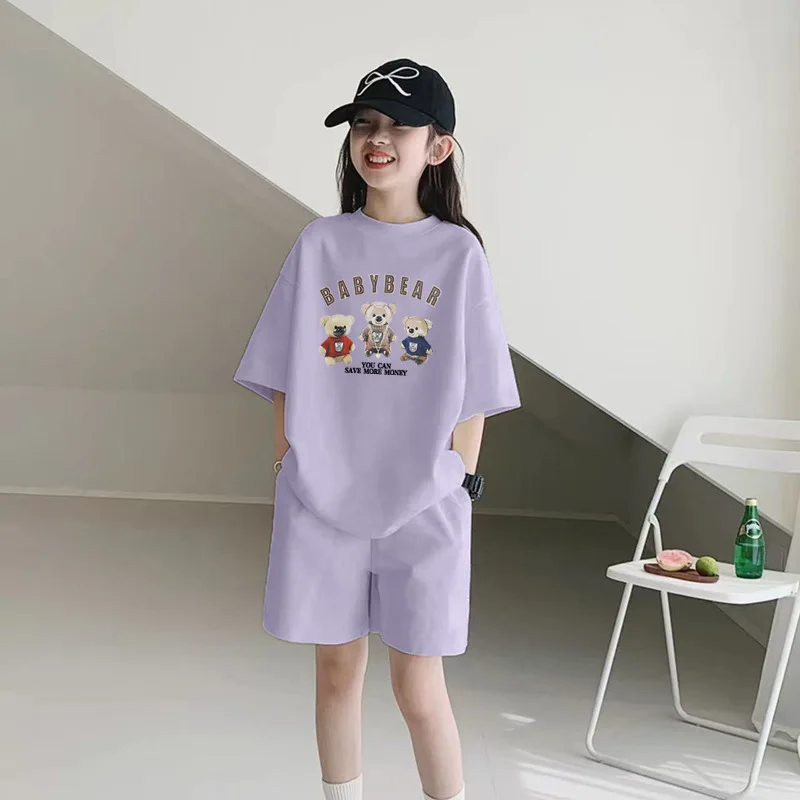Girls Clothes sport suit teenager bear letter T-shirt + shorts ages 7 - 12 - Image 5