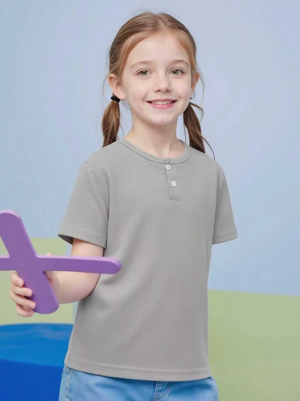 Short sleeved button fashion Henry shirt boys and girls casual T- Age Range: 12+shirt versatile top - Unisex - Image 5