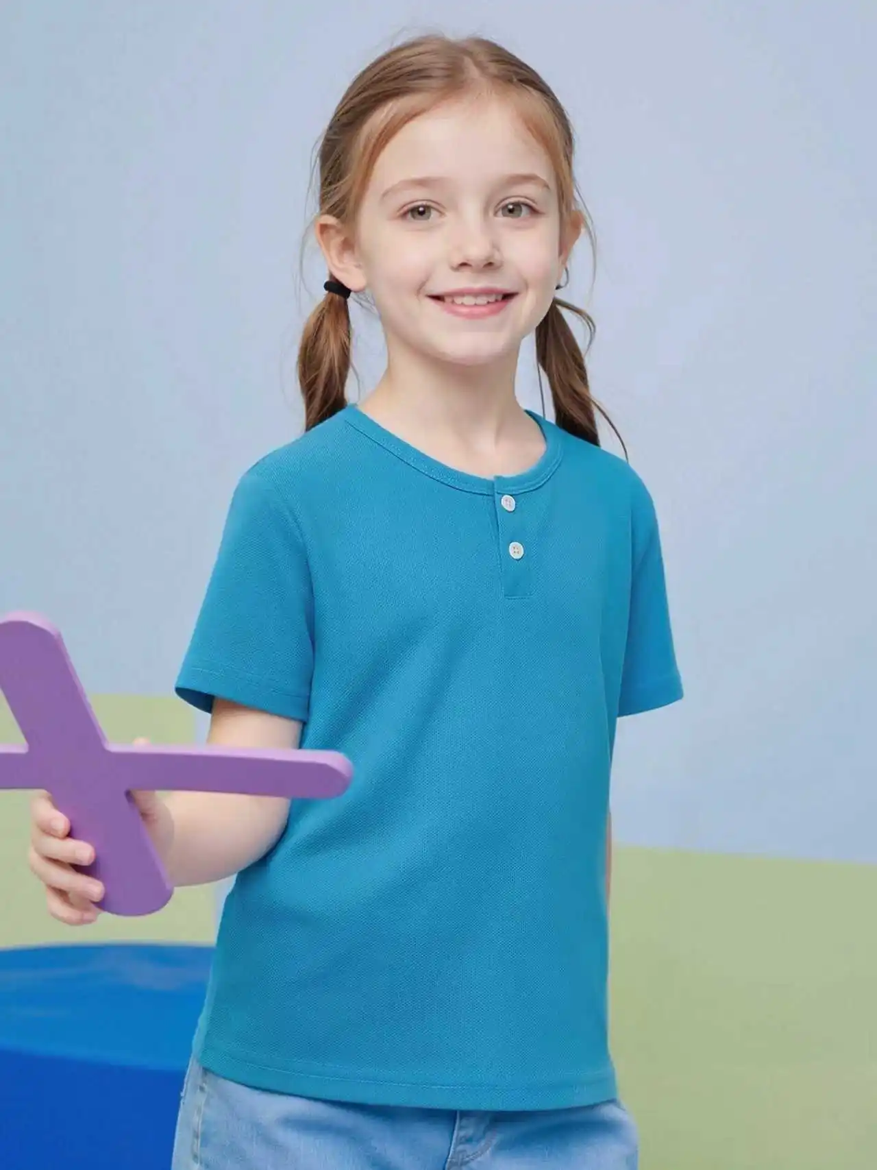 Short sleeved button fashion Henry shirt boys and girls casual T- Age Range: 12+shirt versatile top - Unisex - Image 4