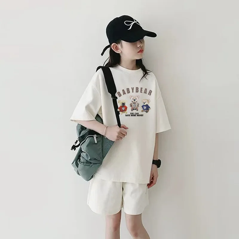 Girls Clothes sport suit teenager bear letter T-shirt + shorts ages 7 - 12 - Image 3