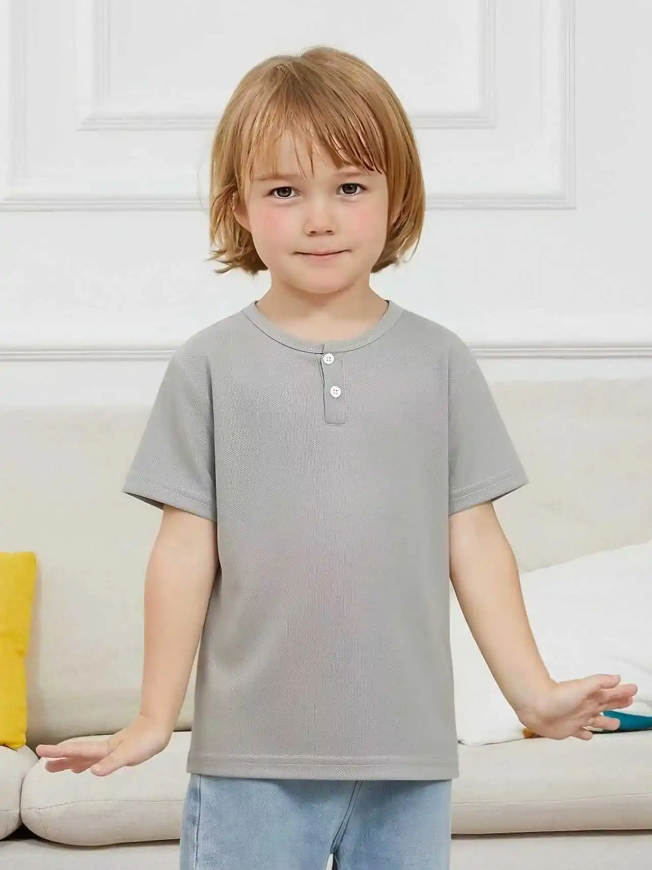 Short sleeved button fashion Henry shirt boys and girls casual T- Age Range: 12+shirt versatile top - Unisex - Image 6