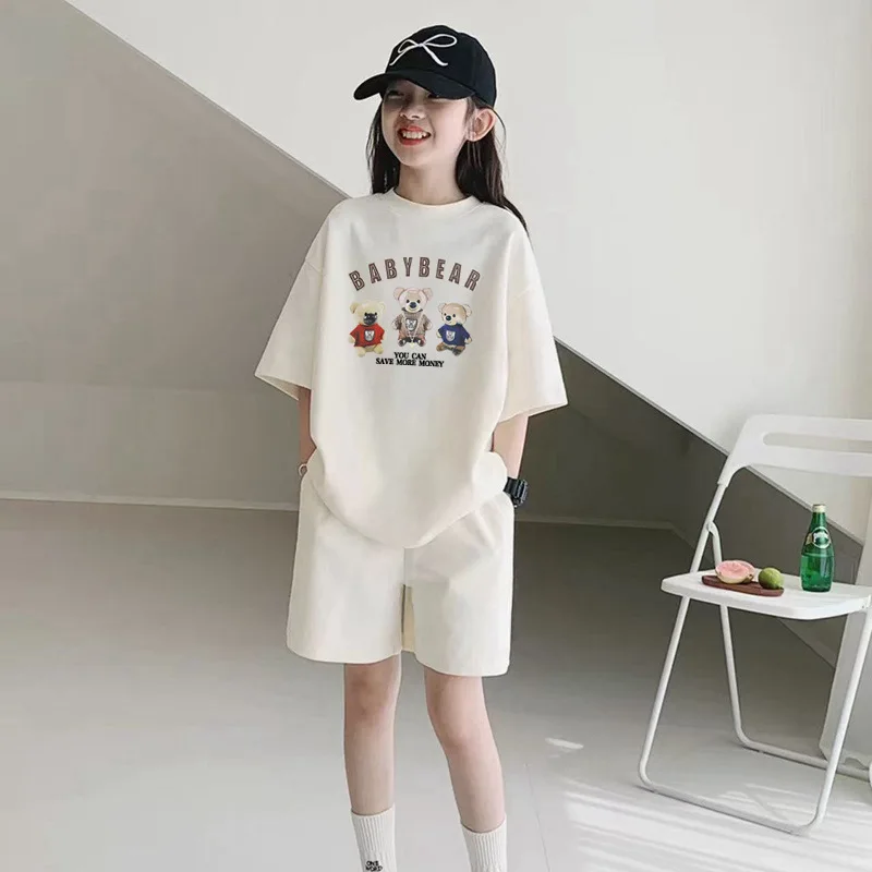 Girls Clothes sport suit teenager bear letter T-shirt + shorts ages 7 - 12 - Image 8