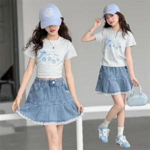 Girls Denim skirt Sets Printed Shirt Two-Pieces Suits Teenager for School ages 6 8 10 12 14 Years Old