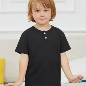 Short sleeved button fashion Henry shirt boys and girls casual T- Age Range: 12+shirt versatile top -  Unisex