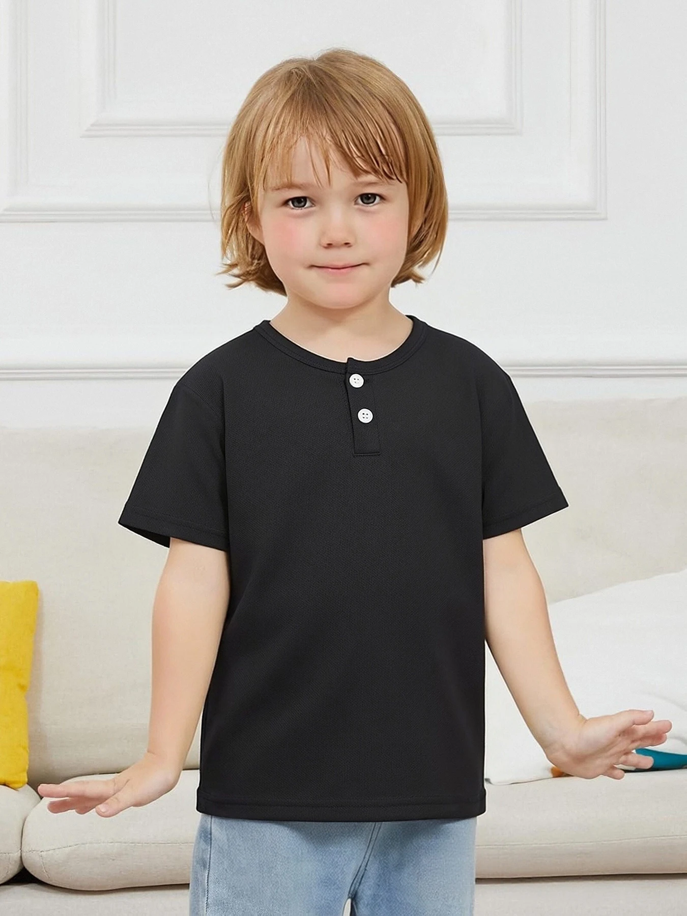 Short sleeved button fashion Henry shirt boys and girls casual T- Age Range: 12+shirt versatile top - Unisex