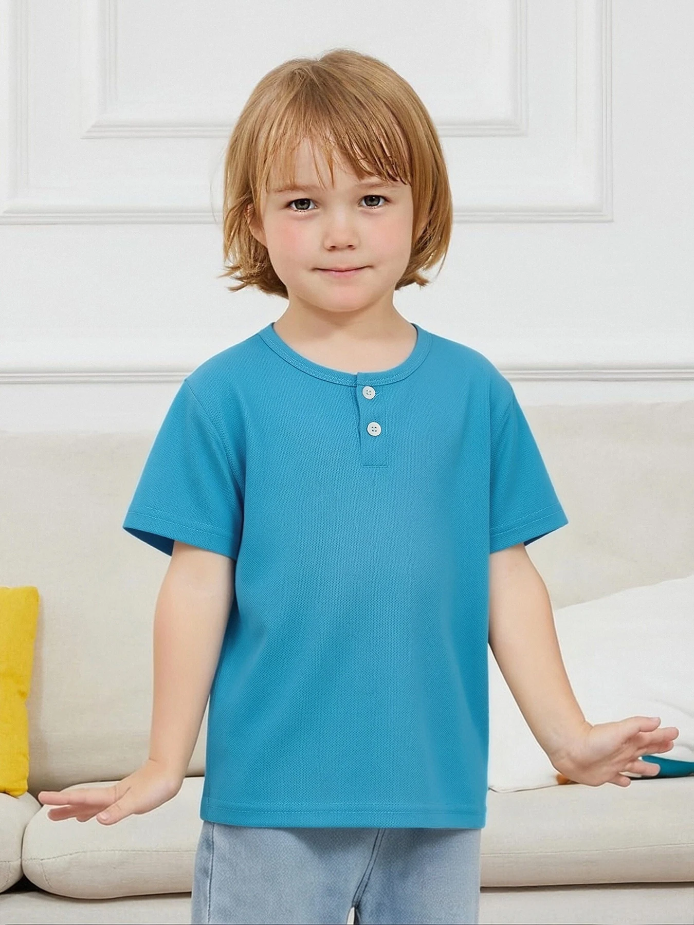 Short sleeved button fashion Henry shirt boys and girls casual T- Age Range: 12+shirt versatile top - Unisex - Image 2