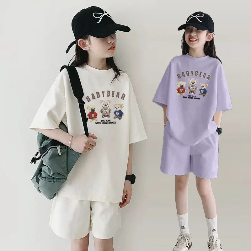 Girls Clothes sport suit teenager bear letter T-shirt + shorts ages 7 - 12