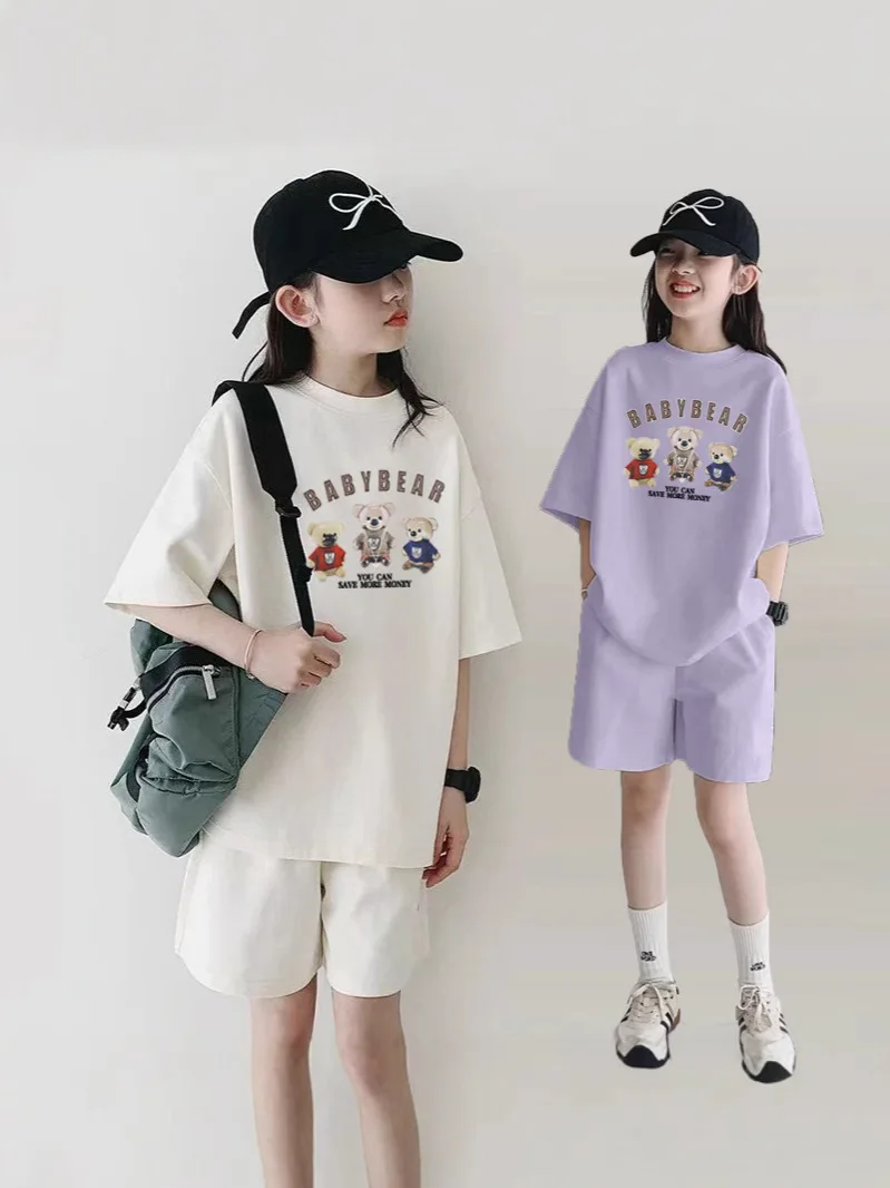 Girls Clothes sport suit teenager bear letter T-shirt + shorts ages 7 - 12 - Image 7
