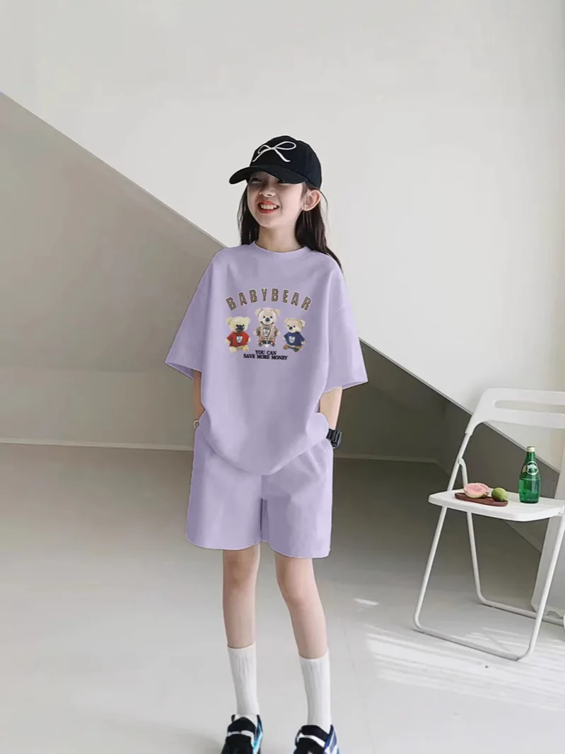 Girls Clothes sport suit teenager bear letter T-shirt + shorts ages 7 - 12 - Image 15